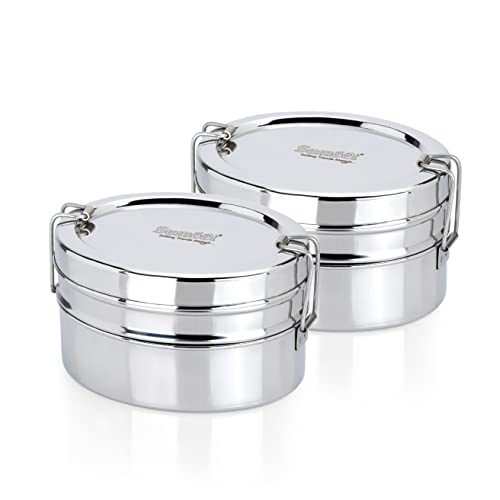 Sumeet Stainless Steel Oval Lunch Box/Tiffin with 2 Compartments and Locking Clip, Set of 2 Pcs, 850ML Each, Ideal for 2 Person - Silver