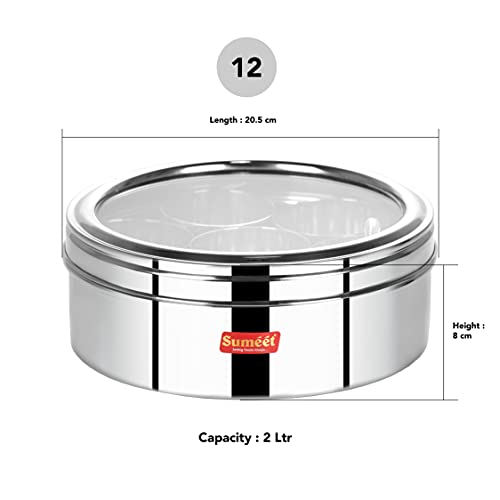 Sumeet Stainless Steel Round Masala (Spice) Box/Organiser with See Through Lid With 7 Containers and Small Spoon Size 12 (2Ltr) (20.5cm)