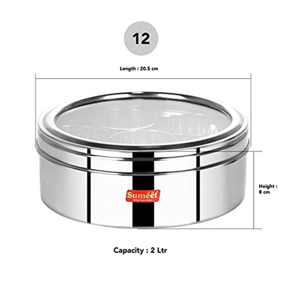 Sumeet Stainless Steel Round Masala (Spice) Box/Organiser with See Through Lid With 7 Containers and Small Spoon Size 12 (2Ltr) (20.5cm)