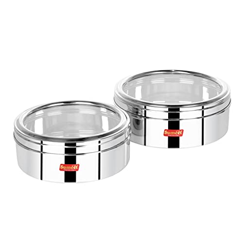 Sumeet Stainless Steel Flat Canisters/Puri Dabba/Storage Containers With See Through Lid Set of 2Pcs (1.5Ltr, 2Ltr)