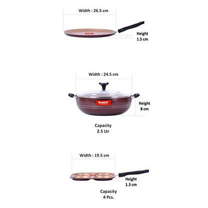 Sumeet Nonstick Granite Finish REVANTIO 3 pc Cookware Set (Mini Multi Snack Maker - 4 Cavity - 19.5cm Dia + Dosa Tawa - 26.5cm Dia + Kadhai with Glass Lid - 2.5 LTR Capacity - 24.5cm Dia)