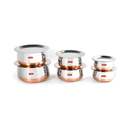 Sumeet Stainless Steel Copper Bottom Belly Shape 6 Pc Tope / Cookware/ Pot Set with Lid 380ML, 500ML, 780ML, 1.1Ltr, 1.4Ltr, 1.75Ltr (Silver)