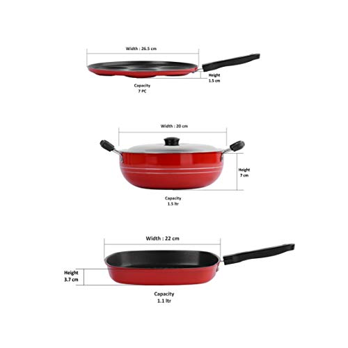 Sumeet 2.6mm Thick Non-Stick Go Red Combo Set (Multi Snack Maker – 26.5cm Dia + Kadhai with Lid – 1.5Ltr Capacity- 20cm Dia + Grill Pan – 1.1Ltr Capacity – 22cm Dia)