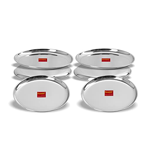 Sumeet Stainless Steel Heavy Gauge Shallow Dinner Plates with Mirror Finish 28.3cm Dia - Set of 6pc