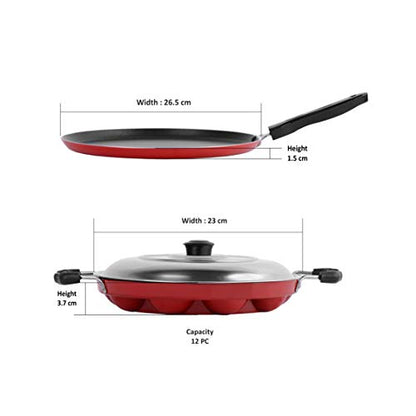 Sumeet 2.6mm Thick Non-Stick Coral Cookware Set (Dosa Tawa – 26.5cm Dia + Grill Appam Patra with Lid – 23cm Dia)