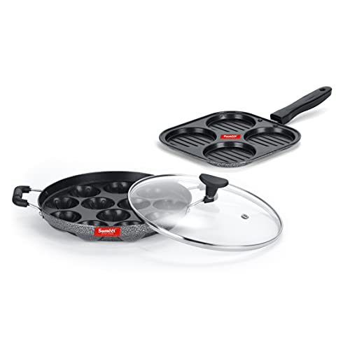 Sumeet NonStick Twin Star Cookware Set (Grill Appam Patra with Glass Lid - 12 Cavity - 22cm Dia + Mini Multi Snack Maker - 4 Cavity -19.5cm)