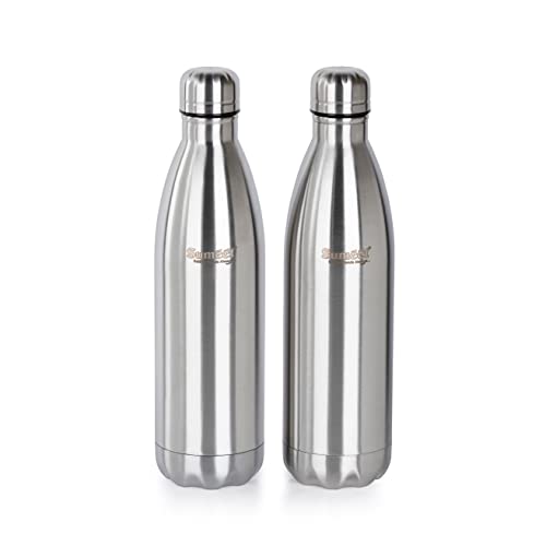 Sumeet Stainless Steel Double Walled Flask / Water Bottle, 24 Hours Hot and Cold, 800 ml, Silver - Set of 2 Pcs