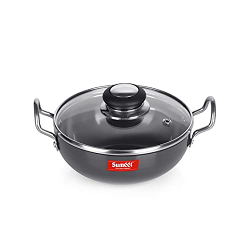 Sumeet 3mm Hard Anodized Deep kadai with Glass Lid Small Size No. - 9 (17cm Dia. 750ML Capacity)