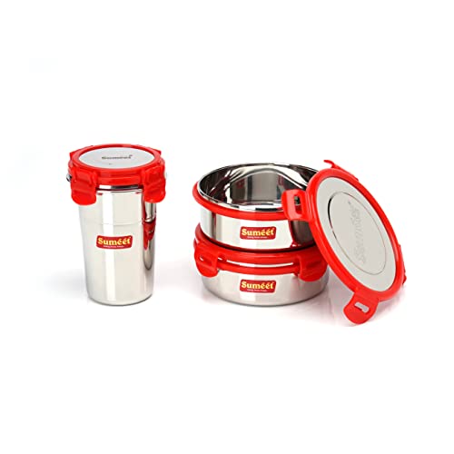 Sumeet Red Meal Statinless Steel Lunch Box Combo 2 Container (500Ml), 1 Tumbler(400Ml)