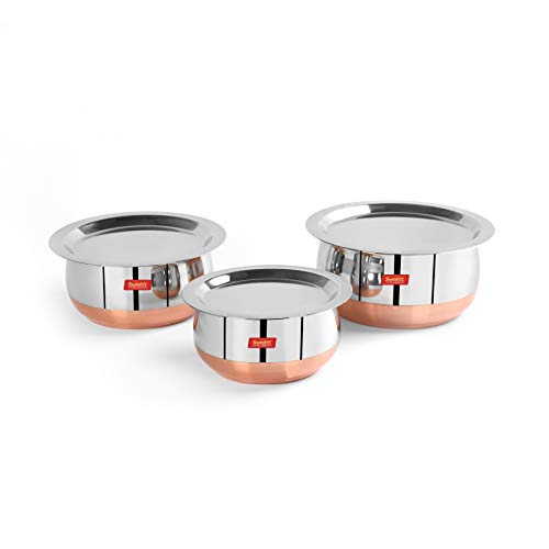 Sumeet Stainless Steel Copper Bottom Belly Shape 3 Pc Tope / Cookware/ Pot Set with Lid 1.1Ltr, 1.4Ltr, 1.75Ltr (Silver)