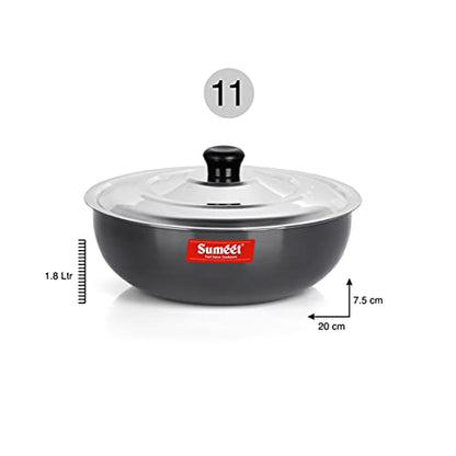 Sumeet 3mm Hard Anodized Deep Tasla with Stainless Steel Lid Size No. - 11 (20cm Dia. 1.8L Capacity)