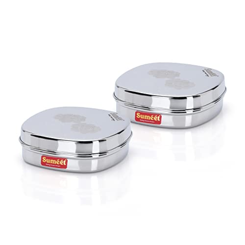 Sumeet Stainless Steel Designer Square Storage containers Box/Dabba for Kitchen, Set of 2Pcs, 350ml, 12cm Dia, Silver