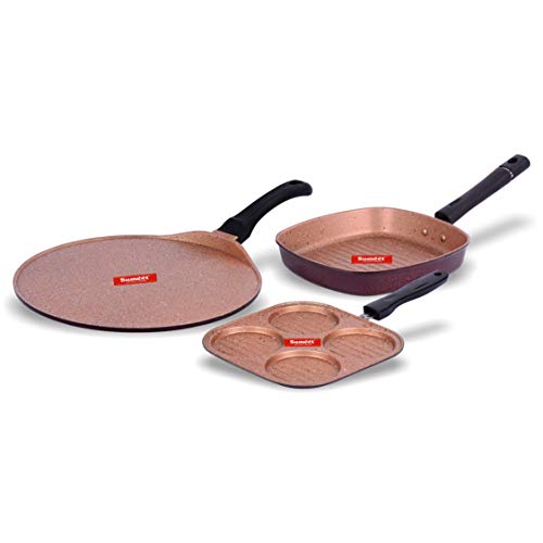 Sumeet Nonstick Granite Finish Dorothy cookware Set (Grill Pan 22cm Dia + Mini Multi Snack Maker - 4 Cavity - 19.5cm Dia + Tawa 30.5cm Dia)