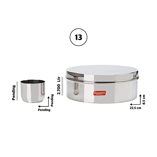 Sumeet Stainless Steel Flat Masala (Spice) Box/Organiser with Stainless steel Lid, 7 Containers and Small Spoon Size 13 (2.7Ltr) (22.5cm)