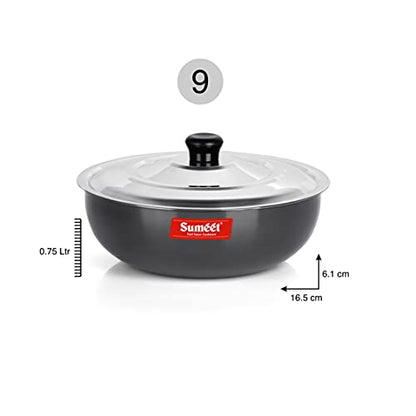 Sumeet 3mm Hard Anodized Deep Tasla with Stainless Steel Lid Size No. - 9 (16.5cm Dia. 750ML Capacity)