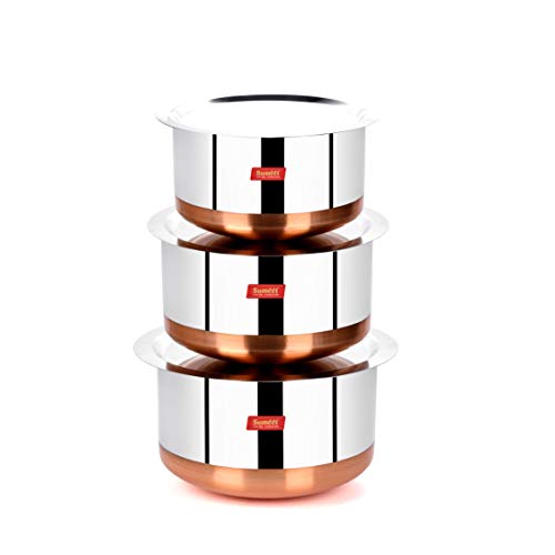 Sumeet Stainless Steel Copper Bottom 3Pc Big Size Tope Set with Lid (4.70L, 5.7Ltr, 6.7Ltr)