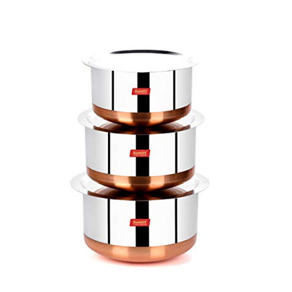 Sumeet Stainless Steel Copper Bottom 3Pc Big Size Tope Set with Lid (3.850L, 4.70L, 5.7Ltr)