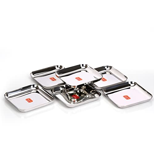 Sumeet Stainless Steel Medium Square Shape Plate/Snacks Plate/Breakfast Plate Set of 6pcs, 17.5cm Dia, Silver