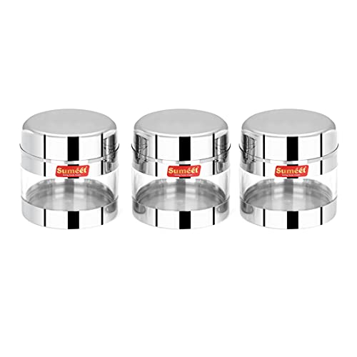 Sumeet Stainless Steel Circular See Through/Transparent Container, Set of 3Pc, 450 Ml Each, 10cm Dia - Silver