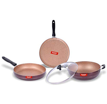 Sumeet Nonstick Granite Finish ETHENA Kitchen Set (Dosa Tawa - 26.5cm Dia + Kadhai with Glass Lid - 2.5 LTR Capacity - 24.5cm Dia+ Fry Pan 1.8 LTR Capacity - 24cm Dia)