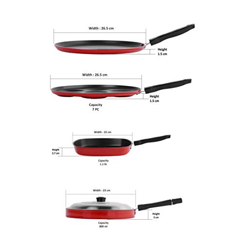 Sumeet 2.6mm Thick Non-Stick Reid Cookware Set (Dosa Tawa – 26.5cm Dia + Multi Snack Maker – 26.5cm Dia + Grill Pan – 1.1Ltr Capacity – 22cm Dia + Pizza Pan – 23cm Dia)