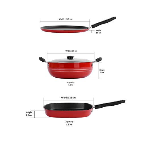 Sumeet 2.6mm Thick Non-Stick Cook Red Combo Set (Dosa Tawa – 26.5cm Dia + Kadhai with Lid – 1.5Ltr Capacity- 20cm Dia + Grill Pan – 1.1Ltr Capacity – 22cm Dia)