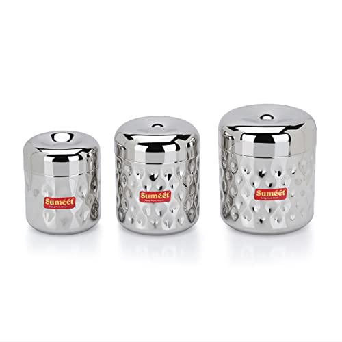 Sumeet Stainless Steel Vertical Utility Canisters/Ubha Dabba/Storage Containers with Design Set of 3pcs (350ml, 500ml,700ml), Silver