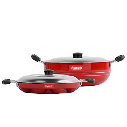 Sumeet 2.6mm Thick Non-Stick Get Ready Cookware Set (Kadhai with Lid – 1.5Ltr Capacity- 20cm Dia + Grill Appam Patra with Lid – 23cm Dia)