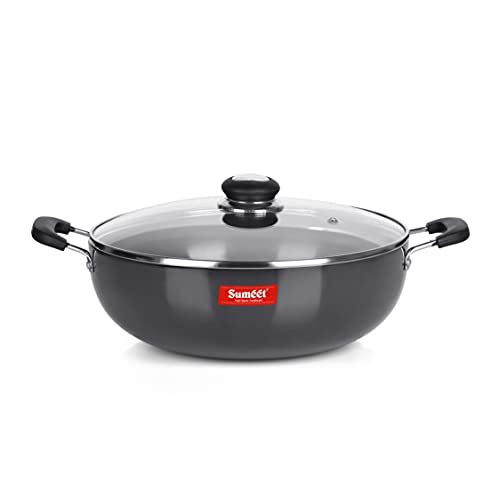 Sumeet 3mm Hard Anodized Deep kadai with Glass Lid Big Size No. - 15 (28.5cm Dia. 4.5 LTR Capacity)