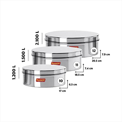 Sumeet Stainless Steel Flat Canisters/Puri Dabba/Storage Containers Set of 3Pcs (1.2Ltr,1.5Ltr,2.1Ltr)