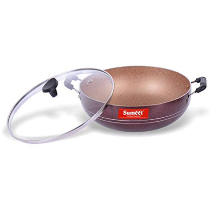 Sumeet Nonstick Granite Finish Deep Kadhai with Tempered Glass Lid - 2.5 LTR Capacity - 24.5cm Dia