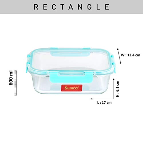 Sumeet Easy Store Borosilicate Glass Microwave Safe, Airtight & Leak Proof Big Rectangle Food Container, 600ML