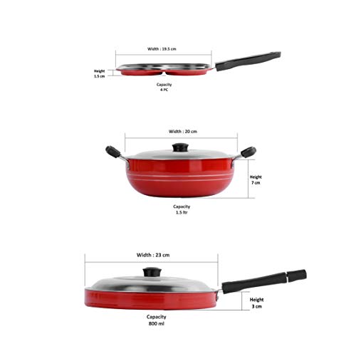 Sumeet 2.6mm Thick Non-Stick Fiona Combo Set (Mini Multi Snack Maker – 19.5cm Dia + Kadhai with Lid – 1.5Ltr Capacity- 20cm Dia + Pizza Pan – 23cm Dia)