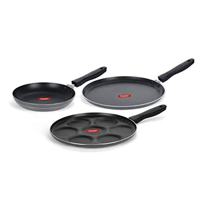 Sumeet NonStick Llwyd Cookware Set (Dosa Tawa - 26.5Cm Dia + Tapper pan - 0.6Ltr - 20Cm Dia + Multi Snack Maker - 7 Cavity - 26.5Cm Dia)