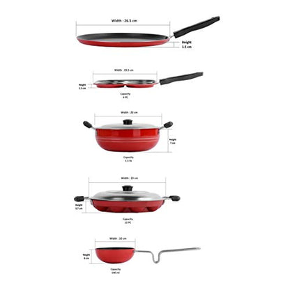 Sumeet 2.6mm Thick Non-Stick Solo Cookware Set (Dosa Tawa – 26.5cm Dia + Multi Snack Maker – 26.5cm Dia + Grill Appam Patra with Lid – 23cm Dia + Kadhai with Lid – 1.5Ltr + Tadka Pan – 10cm Dia)