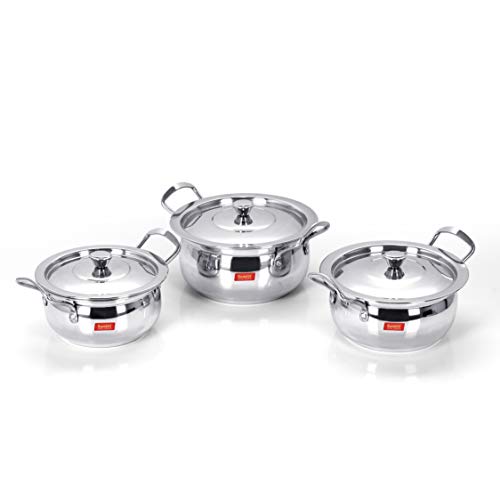 Sumeet Stainless Steel Handi Set With Lid (1.1, 1.3, 1.8 Liters) Silver