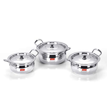 Sumeet Stainless Steel Handi Set With Lid (1.1, 1.3, 1.8 Liters) Silver