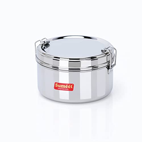 Sumeet Stainless Steel Meal Pack Lunch Box / Tiffin with Steel Separator Plate and Locking Clip, 500ML, 13cm Dia, Silver