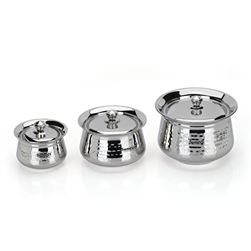 Sumeet Stainless Steel Handcrafted Hammered Texture Handi Set with Lid for Kitchen, Set of 3, 460ml, 950ml & 1700ml, Silver