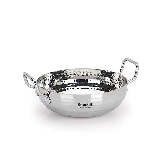 Sumeet Stainless Steel Handcrafted Hammered Mathar Kadai for Kitchen, Medium Size, 1700ML, 20cm Dia, Pack of 1, Silver