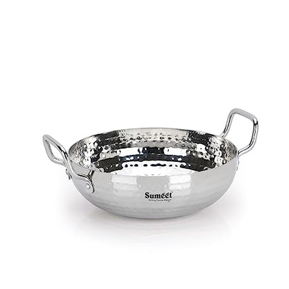 Sumeet Stainless Steel Handcrafted Hammered Mathar Kadai for Kitchen, Medium Size, 2250ML, 22cm Dia, Pack of 1, Silver