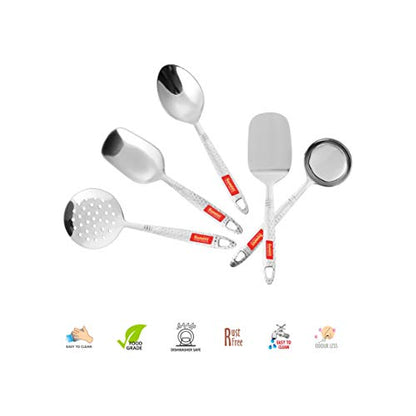 Sumeet Stainless Steel Small Serving and Cooking Spoon Set of 5pc (1 Turner, 1 Serving Spoon, 1 Skimmer, 1 Basting Spoon, 1 Ladle)