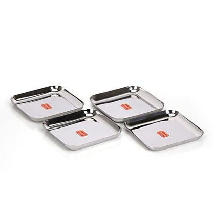 Sumeet Stainless Steel Medium Square Shape Plate/Snacks Plate/Breakfast Plate Set of 4pcs, 22.5cm Dia, Silver