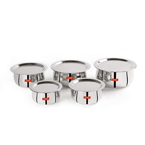 Sumeet Stainless Steel Belly Shape 5 Pc Tope / Cookware/ Pot Set with Lid 380ML, 500ML, 780ML, 1.1Ltr, 1.4Ltr, (Silver)