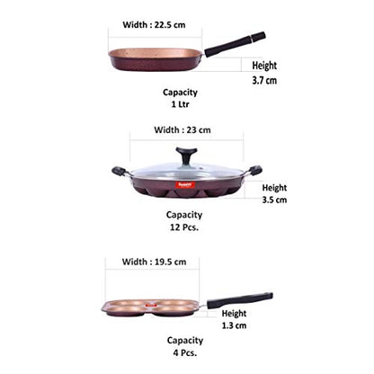 Sumeet Nonstick Granite Finish Cluster Cookware Set (Mini Multi Snack Maker - 4 Cavity - 19.5cm Dia + Grill Appam Patra with Glass Lid - 12 Cavity - 23cm Dia + Grill Pan 22cm Dia)