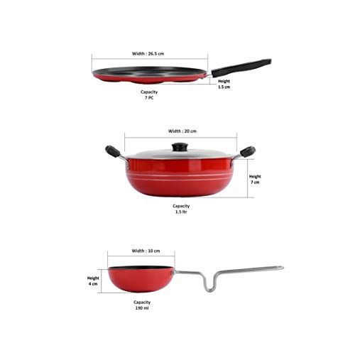 Sumeet 2.6mm Thick Non-Stick Olba Combo Set (Multi Snack Maker – 26.5cm Dia + Kadhai with Lid – 1.5Ltr Capacity- 20cm Dia + Tadka Pan – 10cm Dia)