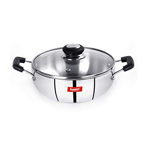 Sumeet 3mm Induction Bottom Aluminium Kadai with Glass Lid (2.8Ltr, 24.5cm)