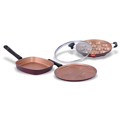 Sumeet Buffy Aluminium Grill Pan, Grill Appam Patra With Glass Lid, Multi Snack Maker, 1.1 L Grill Pan, 12 Piece (Peach)