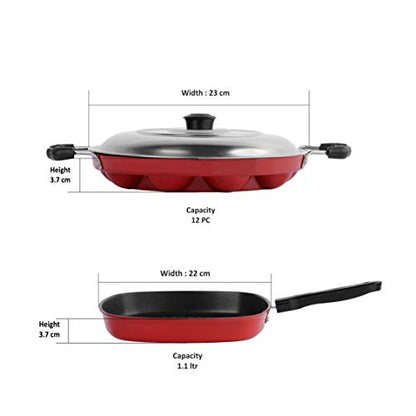 Sumeet 2.6mm Thick Non-Stick Candy Cookware Set (Grill Appam Patra with Lid – 23cm Dia + Grill Pan – 1.1Ltr Capacity – 22cm Dia)