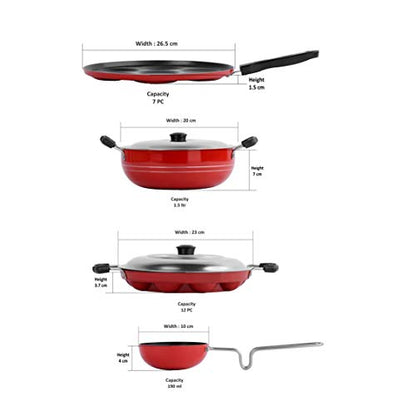 Sumeet 2.6mm Thick Non-Stick Ulaan Cookware Set (Multi Snack Maker – 26.5cm Dia + Kadhai with Lid – 1.5Ltr Capacity- 20cm Dia + Grill Appam Patra with Lid – 23cm Dia + Tadka Pan – 10cm Dia)